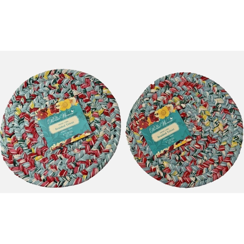 Pioneer Woman Trivet Vintage Floral set of (2) Braided 8.75" Diameter Cotton NEW - Picture 2 of 5